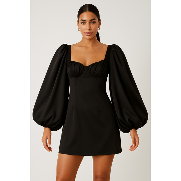 Jagger & Stone The Liv Mini Dress Womens 6 Black Satin Babydoll Balloon Sleeves - Picture 1 of 15
